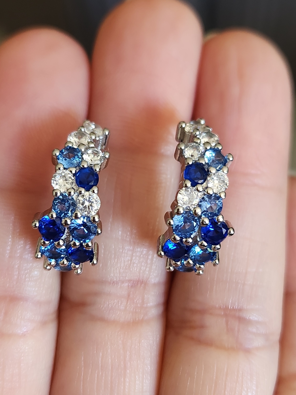 New 925 Silver Blue Sapphire Rectangle Shaped Hoop Earrings for Women